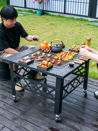Outdoor Charcoal Grill Fire Pit Set with Lid and Wheels for BBQ and Tea Ceremony
