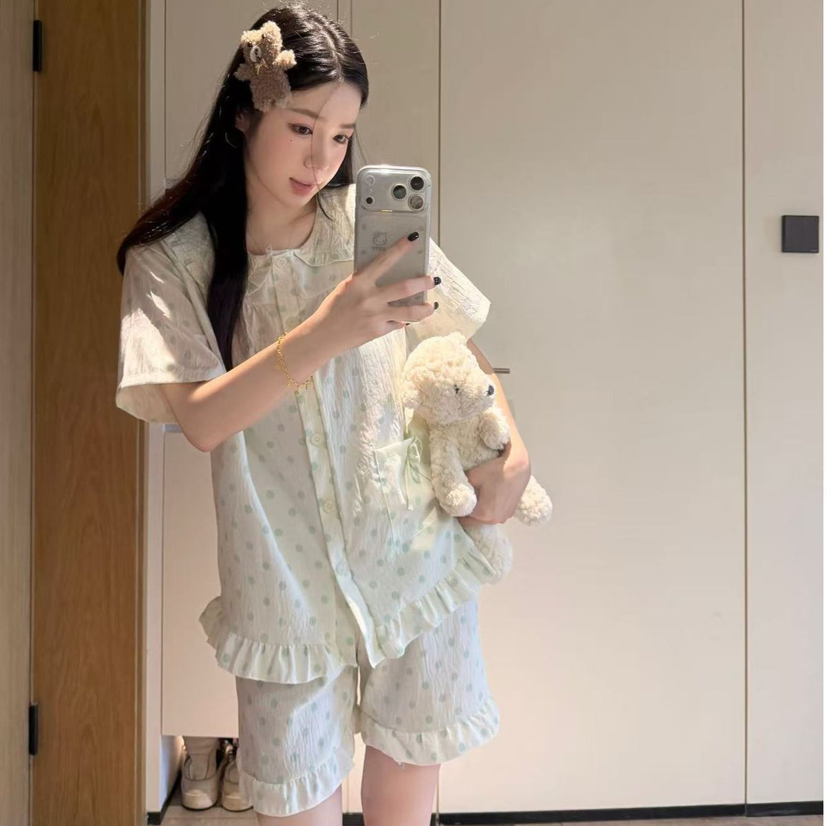 Women's Cloud Cotton Short Sleeve Pajama Set with Peter Pan Collar and Polka Dot Cardigan
