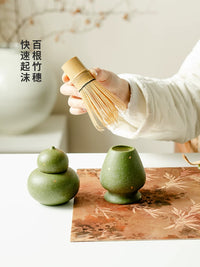 Handmade Ceramic Matcha Bowl Set with Gold Speckle Blue Finish