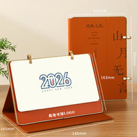 2026 Chinese Style Desk Calendar with Tri-Fold Leather Cover, Monthly Planner & Ornament, Customizable Logo