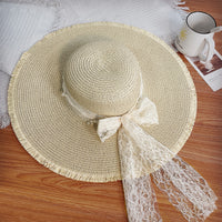 Lace Bowknot Straw Sun Hat for Women, French Style Wide Brim Beach Vacation UV Protection