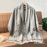 Winter Ethnic Style Jacquard Scarf with Frog Buttons, Double-Sided Thickened Warm Shawl