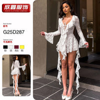 Women's Lace Bodysuit with Flared Sleeves and Deep V-Neck Mini Skirt Set