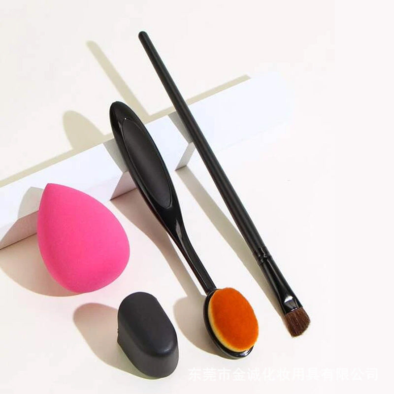 Flexible Toothbrush-Style Foundation Brush Set with Angled Eyeshadow Brush and Beauty Blender