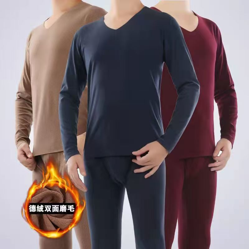 Men's Thermal V-Neck Underwear Set with Fleece Lining