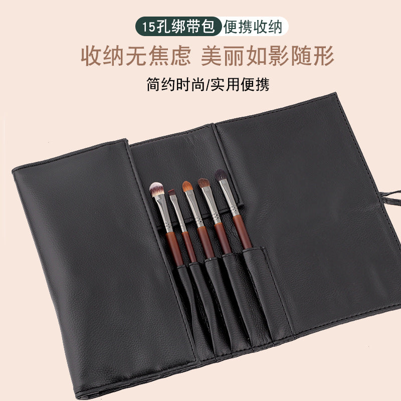 Professional 15-Slot PU Leather Cosmetic Brush Roll Bag, Portable Large Capacity Foldable Makeup Brush Holder with Tie Strap