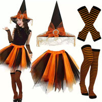 Adult Witch Costume Set with Hat, Dress, Stockings, and Sleeves for Halloween Cosplay