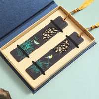 Chinese Style Rosewood Ebony Bamboo Bookmark with Painted Window Pattern for Gifts