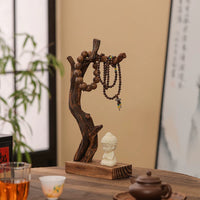 Vintage Style Solid Wood Jewelry Display Stand with Monk Figurine for Bracelets, Necklaces, and Keys