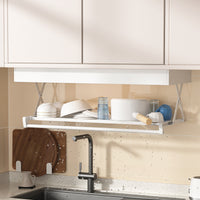 Kitchen Wall-Mounted Pull-Down Storage Rack with Drainer and Pot Holder for Cabinets