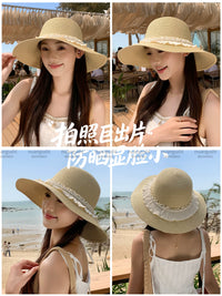 Foldable Straw Sun Hat for Women - Wide Brim Beach Fisherman Cap with Pearl Embellishment
