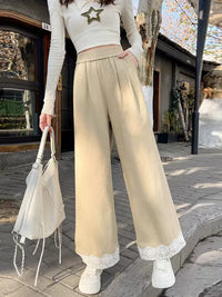 Women's Vintage Lace Patchwork Wide-Leg Cropped Pants High-Waisted Ice Silk Quick-Dry Casual Trousers