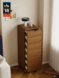Vintage Chinese Style Solid Wood 7-Drawer Cabinet with Wheels, Narrow Storage Chest for Living Room