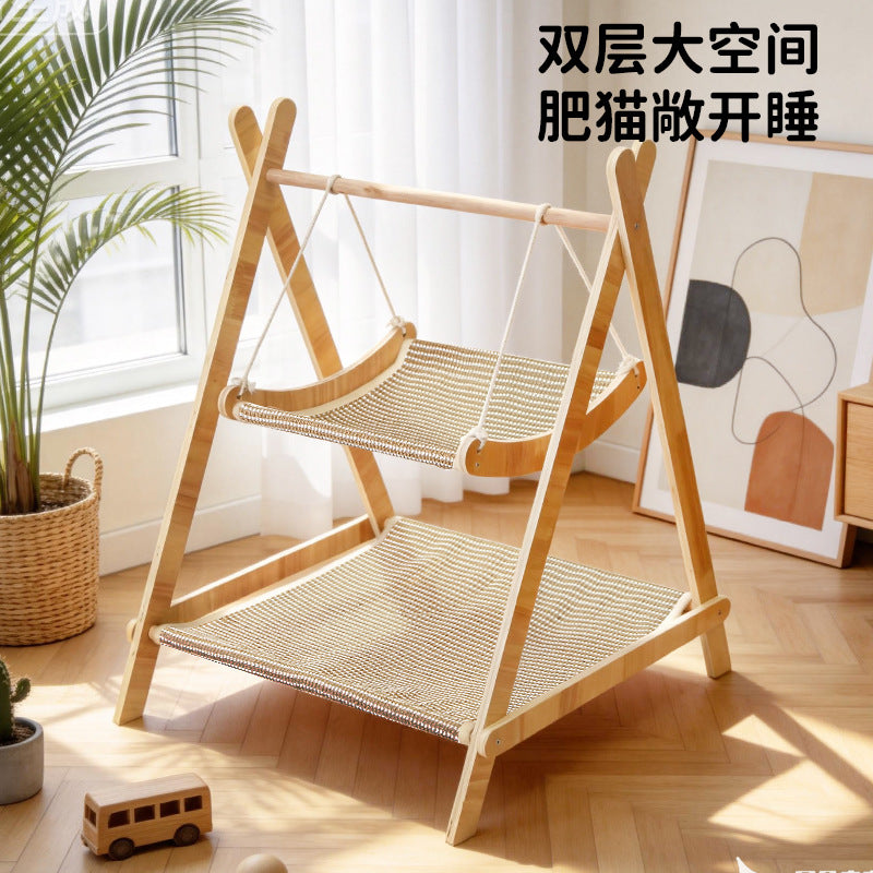 Cat Hammock Rocking Bed Wooden Pet Swing Lounger for Cats