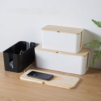 Cable Management Box with Wooden Lid for Desk Power Strip Organizer