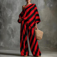 Women's Striped Print Long Sleeve Top and Wide Leg Pants Two-Piece Set