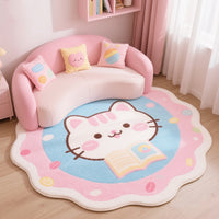 Cartoon Cat Round Faux Cashmere Area Rug for Kids' Room and Living Room, Non-Slip Floor Mat