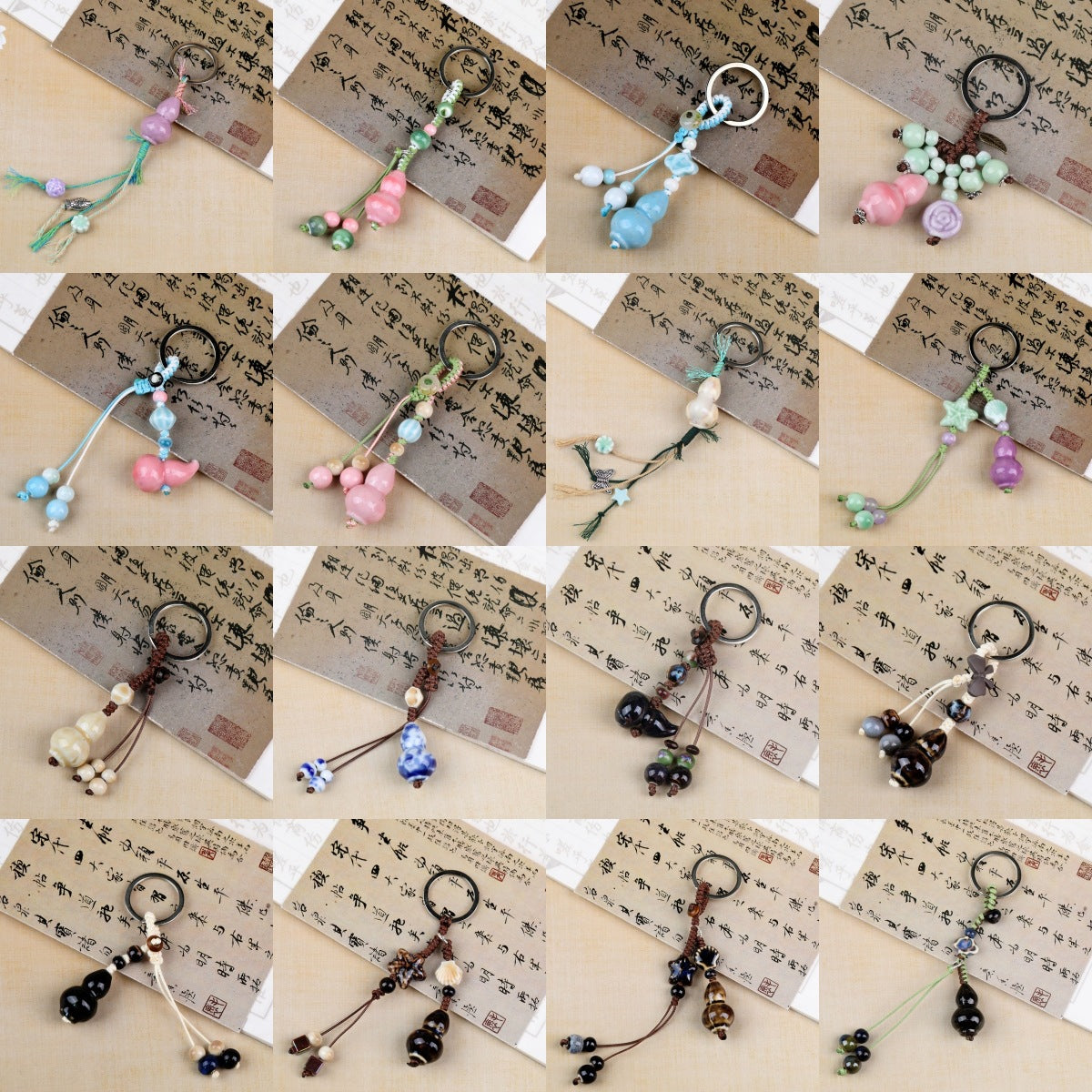 Jingdezhen Ceramic Gourd Keychain Ethnic Style Woven Bag Charm