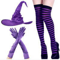 Halloween Witch Costume Set with Hat, Striped Socks, and Satin Gloves