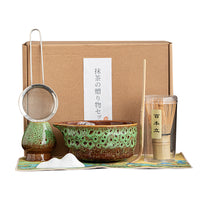 Japanese Style Matcha Bowl with Spout and Whisk Set, Kiln Glazed Ceramic