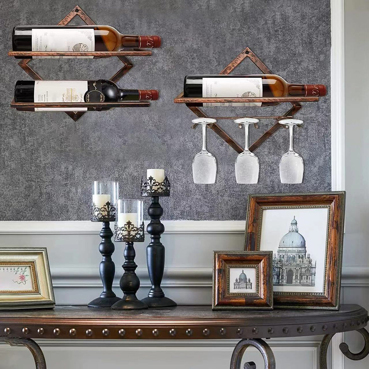 TSH Bronze 2-Tier Wall Mounted Wine Rack for Home Bar & Restaurant Decor