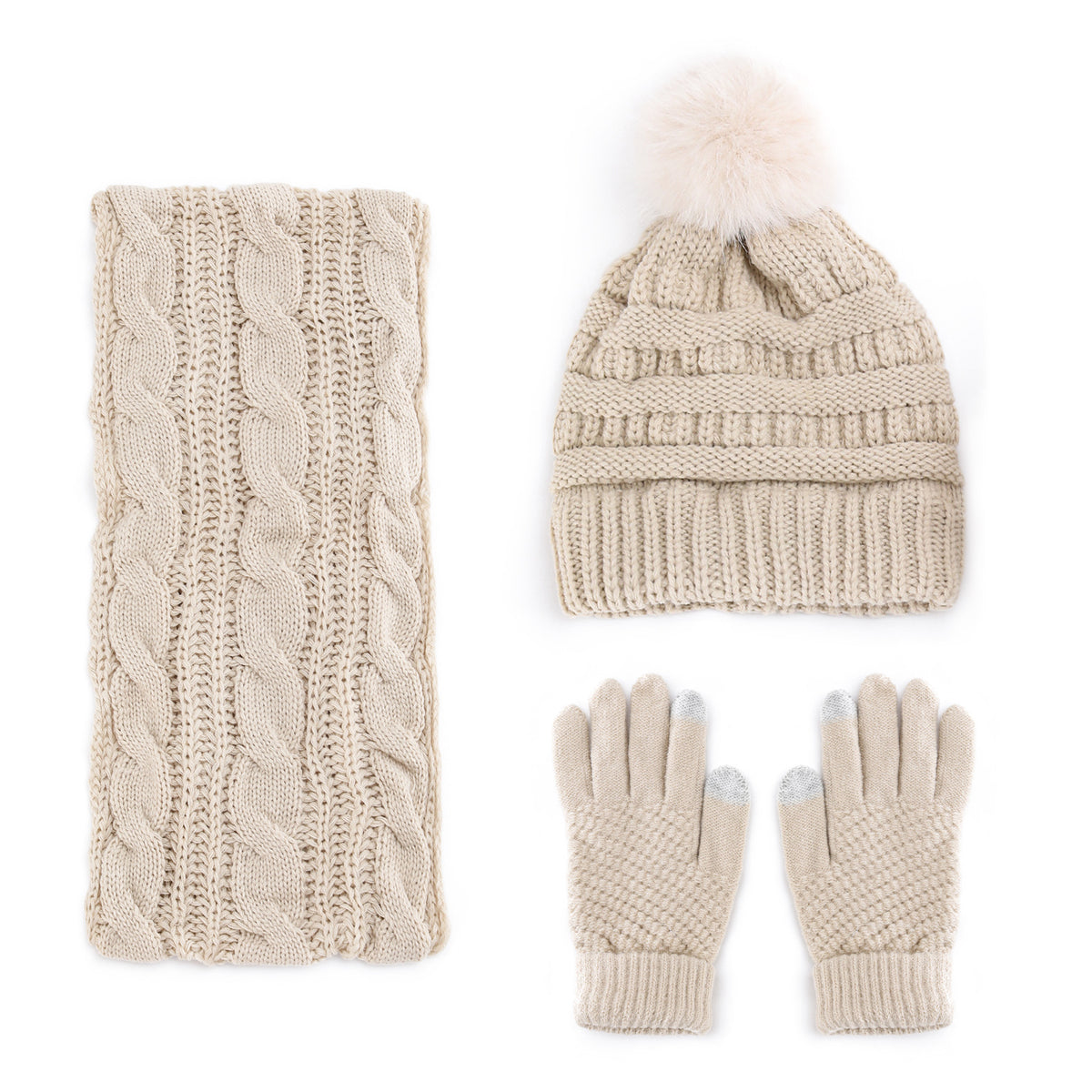 Winter Warm Beanie Hat Scarf and Gloves 3-Piece Set for Adults
