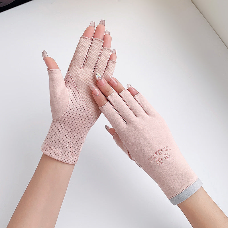 Women's Summer Thin Cotton Half-Finger UV Protection Gloves for Driving and Sun Protection