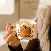 Capybara Stacking Ceramic Mug with Lid and Spoon, 300ml Creative Gift Set