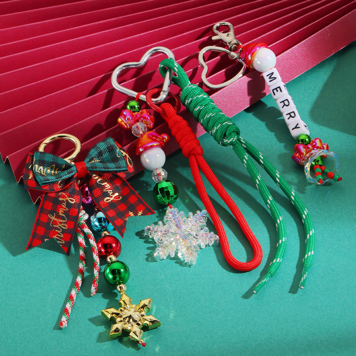 Christmas Snowflake Woven Lanyard Keychain with Beaded Bowknot Charm for Bags