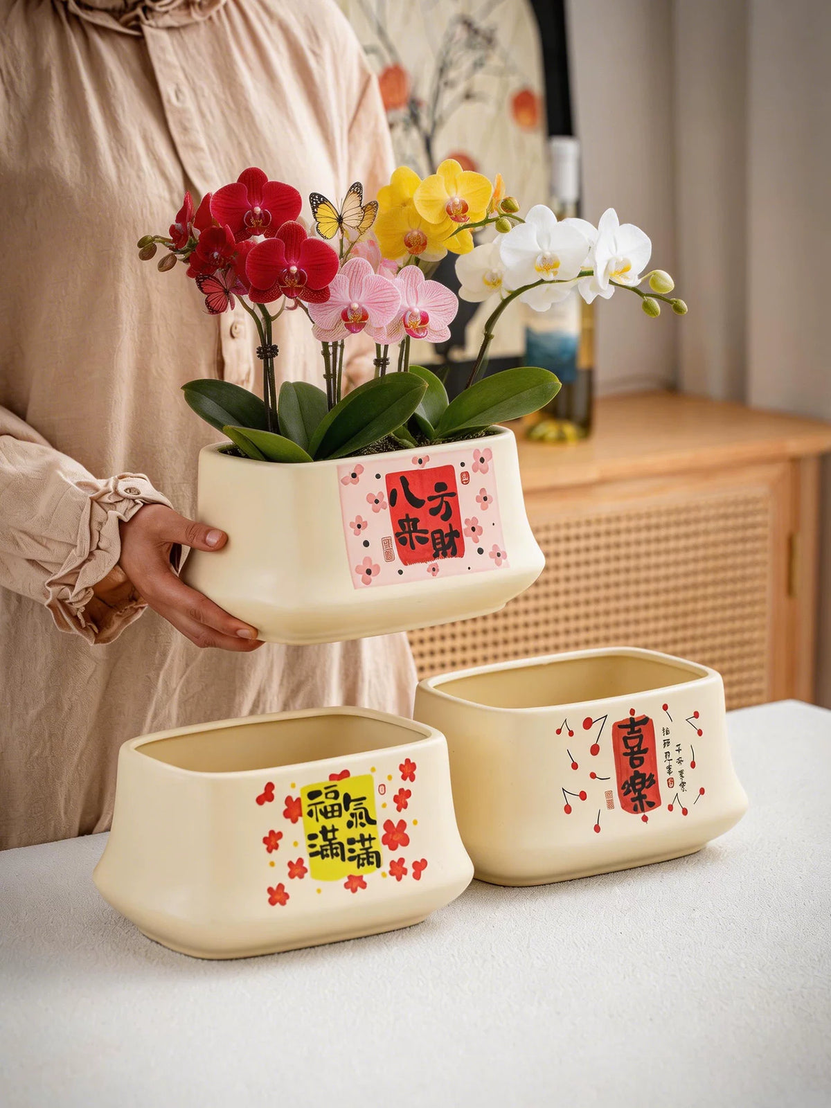 Luxury Ceramic Orchid Planter Pot Set for Indoor Plants