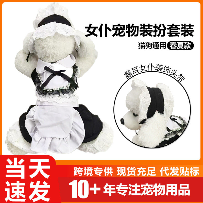 Pet Maid Cosplay Costume Dress with Headband for Cats and Dogs