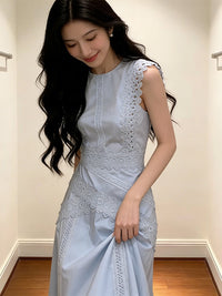 French Style Lace Patchwork Sleeveless Long Dress for Women, Blue