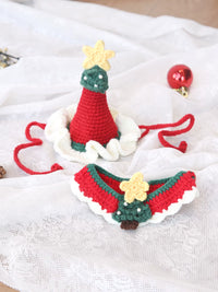 Christmas Pet Scarf with Bell and Bowtie, Hand-Knitted Crochet Collar for Dogs and Cats