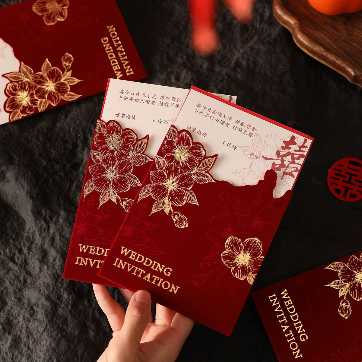 Velvet Wedding Invitation Cards with Floral Design, Elegant Chinese Style Banquet Invites