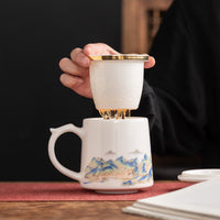 Mutton Fat Jade White Porcelain Tea Mug with Infuser and Lid, Tea-Water Separation Office Cup