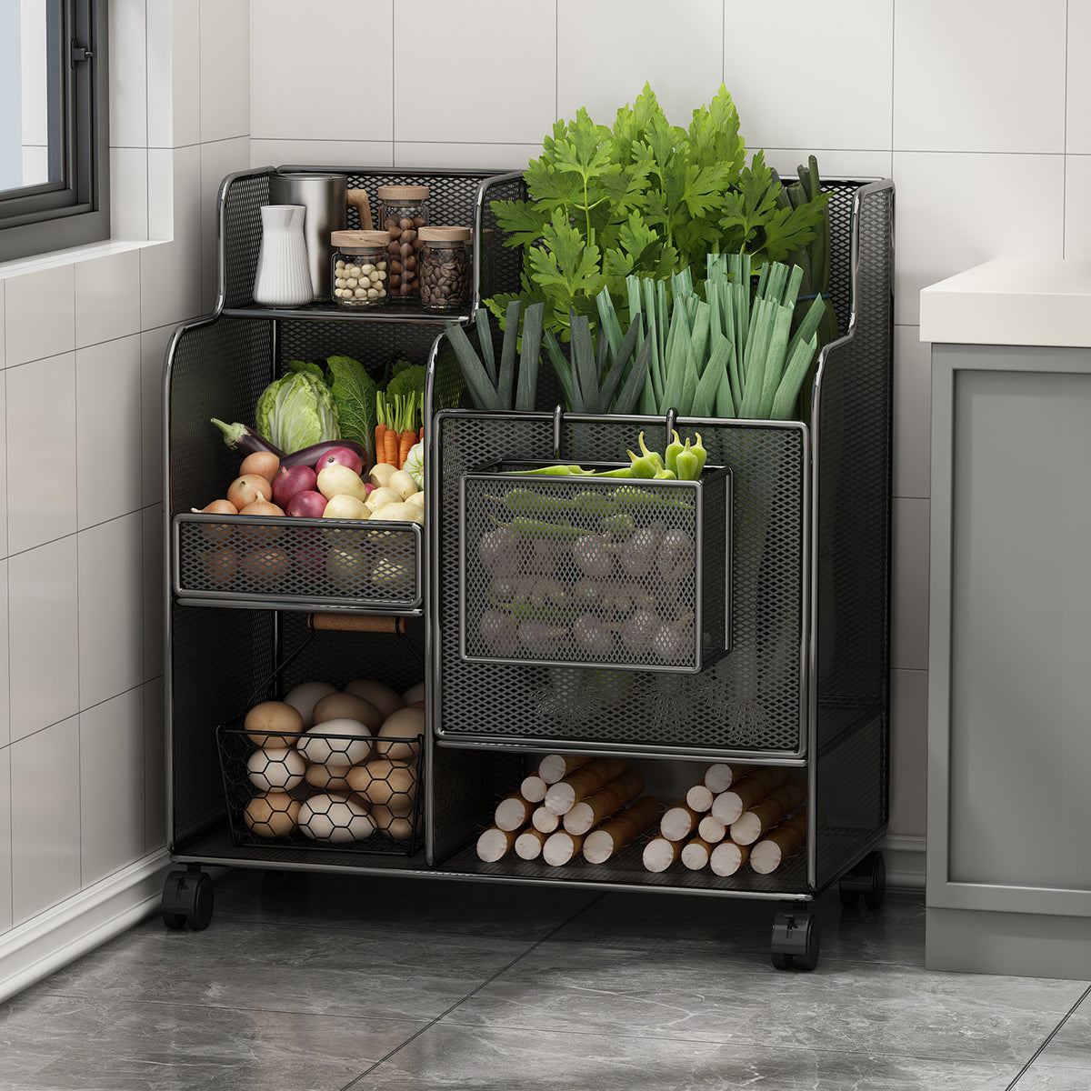 Multi-layer Rolling Kitchen Storage Rack for Vegetables and Fruits