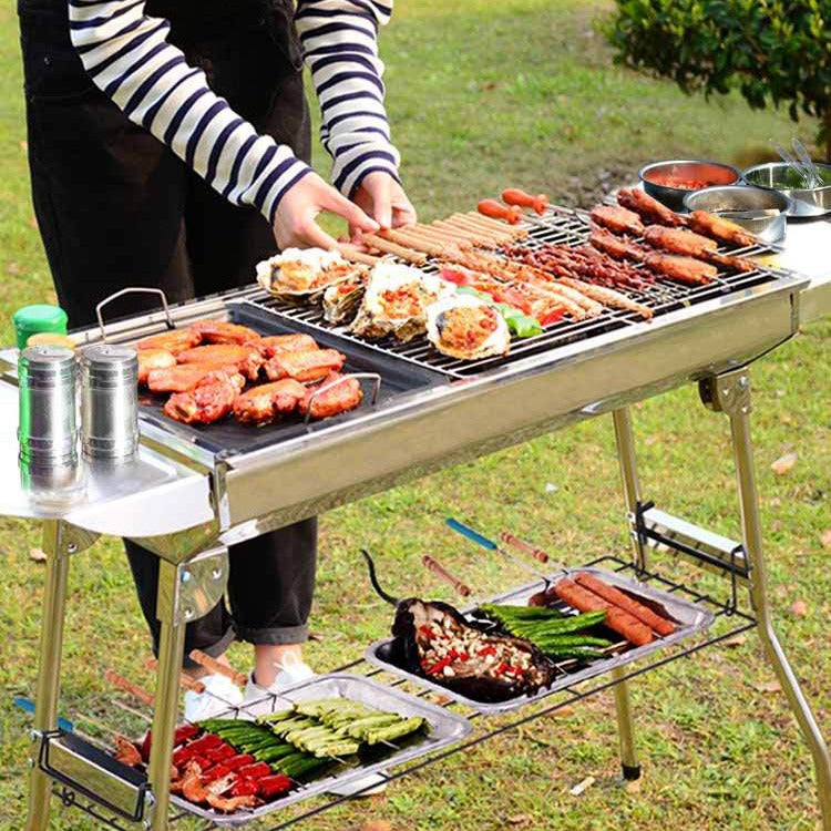 Portable Charcoal BBQ Grill for Home Outdoor Camping, Foldable Stainless Steel Barbecue Stove with Complete Tool Set