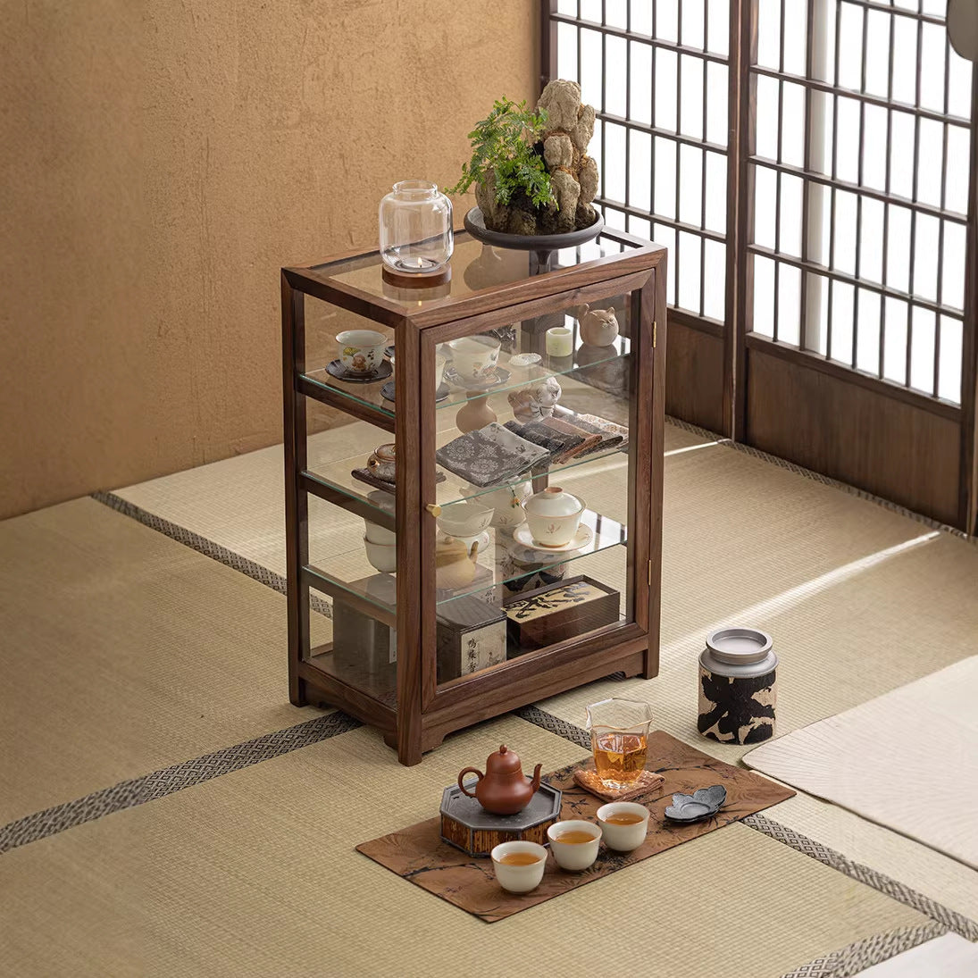 Glass Display Cabinet with Walnut Wood Frame for Collectibles, Tea Sets, and Tabletop Storage