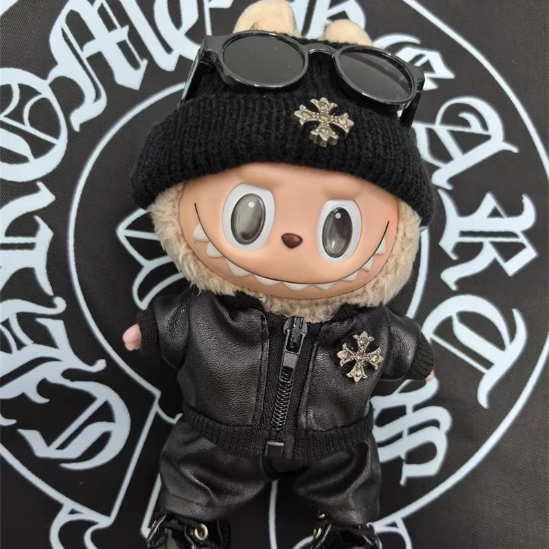 LABUBU Doll Outfit Set - Punk Style Leather Jacket, Pants, Skirt, Hat & Shoes for 15/17cm Dolls
