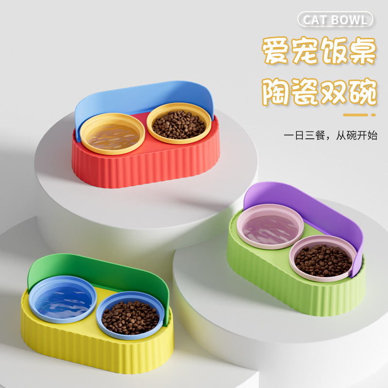 Elevated Ceramic Double Cat Bowl with Stand for Food and Water, Anti-Tip Pet Feeder for Neck Protection