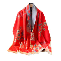 Winter Ethnic Style Jacquard Scarf with Frog Buttons, Double-Sided Thickened Warm Shawl
