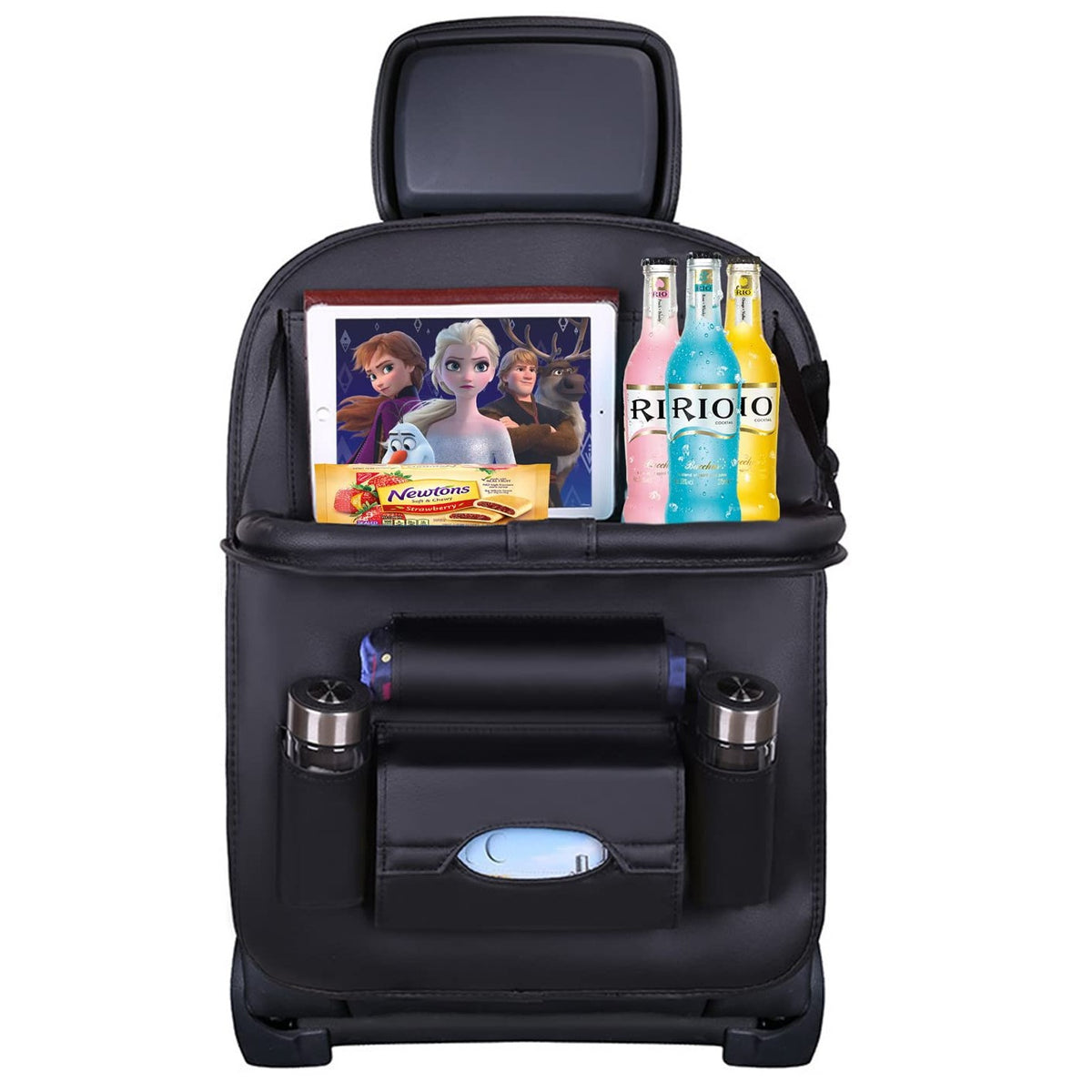 Premium Leather Car Seat Back Organizer with Kick Mat and Tray Table