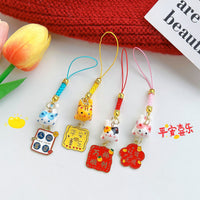 Lucky Cat Bell Keychain Bag Charm - Ceramic Maneki-Neko with Metal Accents