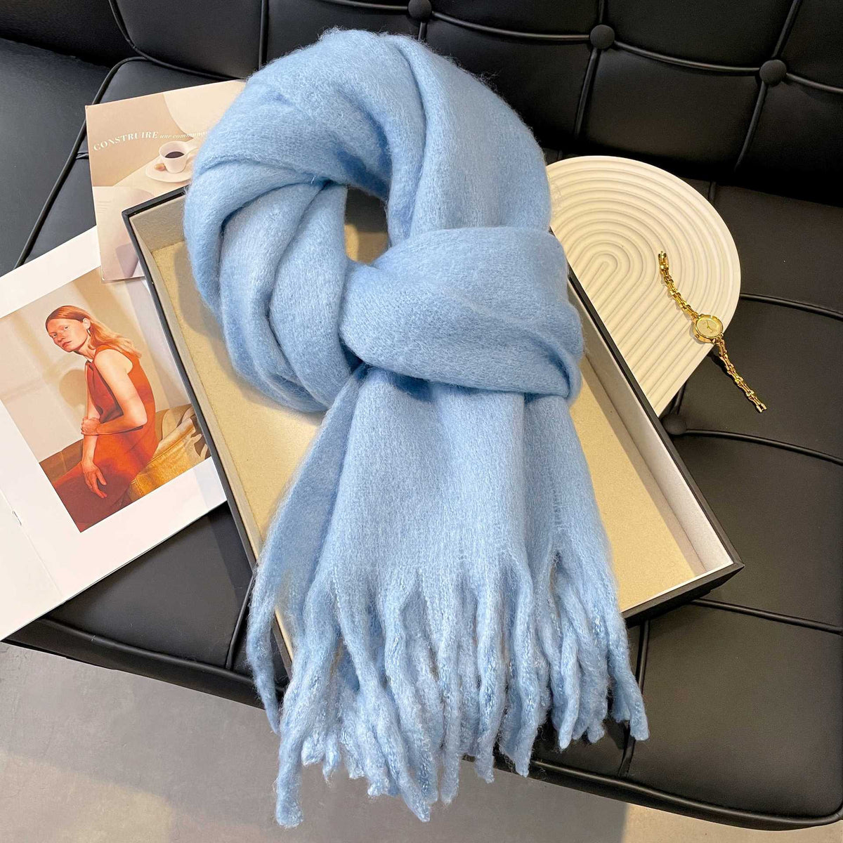 Icelandic Sea Salt Blue Mohair Scarf for Women, Autumn/Winter, Solid Color, Versatile, Warm Imitation Cashmere Shawl