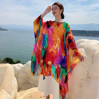 Rainbow Feather Print Sun Protection Cape Shawl for Women, Lightweight Summer Travel Cover-Up