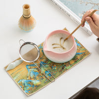 Japanese Matcha Bowl Set with Whisk and Spout, Mountain and Sea Design