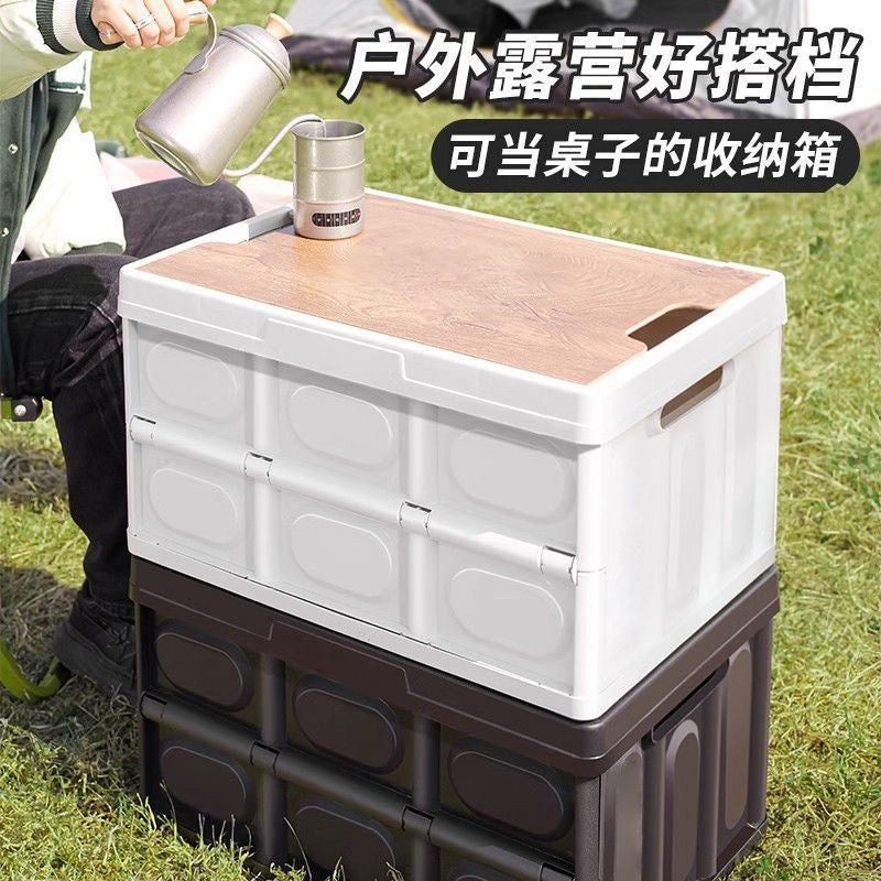 Foldable Outdoor Camping Storage Box with Wooden Lid for Car Trunk Organization