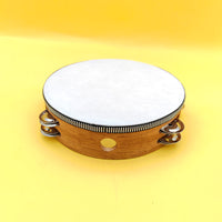 Orff Percussion Tambourine Set for Kids, Walnut Finish Hand Drum with Double Row Jingles