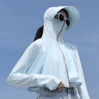 Women's Summer Ice Silk Sun Protection Jacket with Large Brim, UV Resistant, Breathable Outdoor Thin Coat