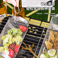 304 Stainless Steel Rolling BBQ Basket with Wooden Handle for Outdoor Grilling